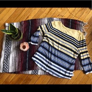 3/4 sleeve blue and yellow striped top
